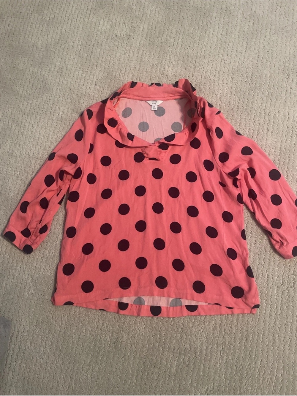 Crown & Ivy Coral Polka Dot Ruffle Neck Blouse PS Preppy Southern Style